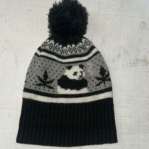 black and white beanie with smoking panda